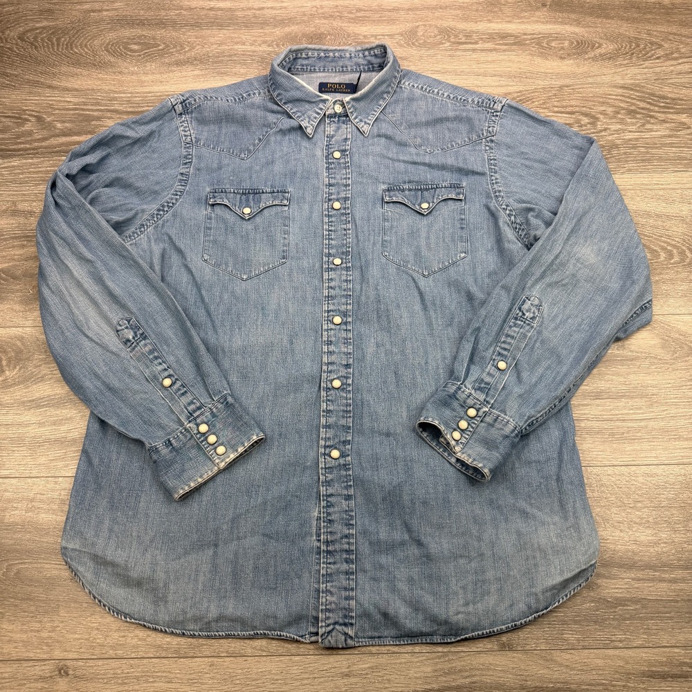 Polo Ralph Lauren Western Denim Shirt Mens XL Blue Pearl Snap Cowboy Long Sleeve